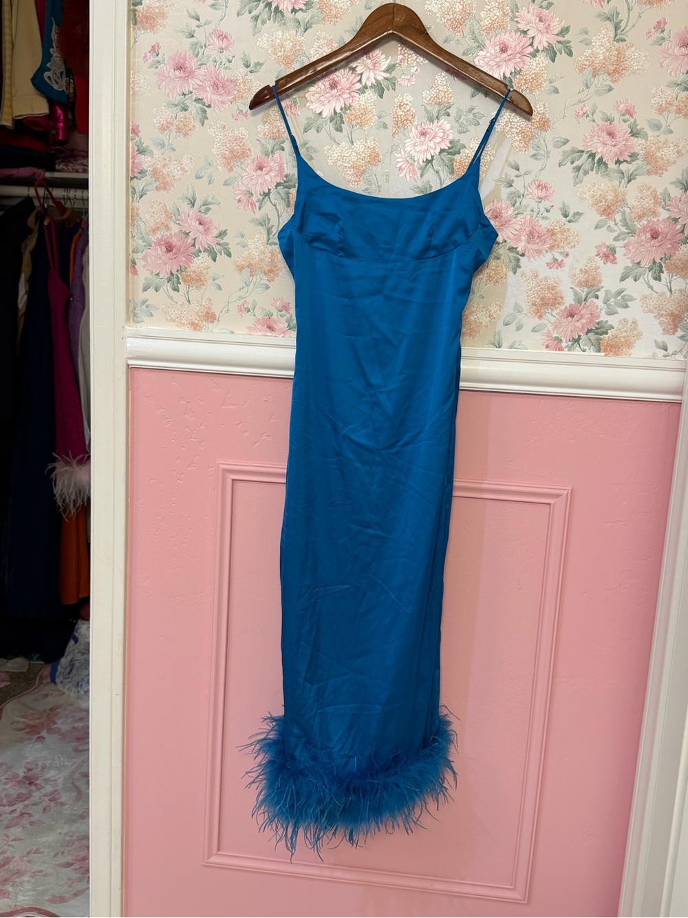 Blue Satin Slip Dress with Feather Trim